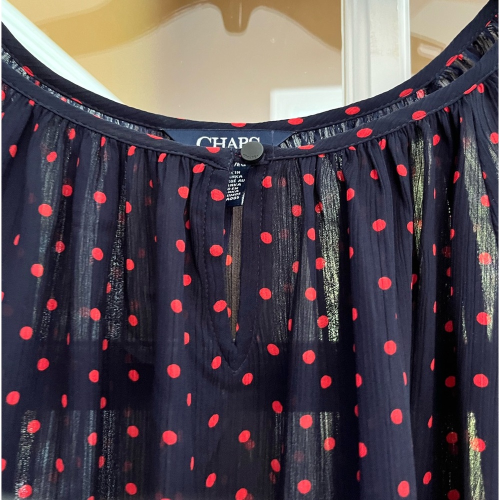 Chaps xl blouse navy blue with timy red dots